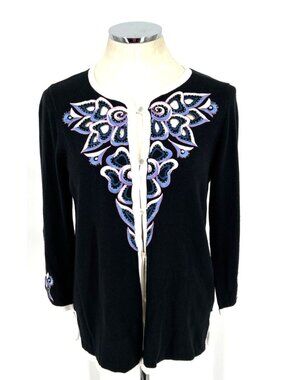 Bob Mackie Wearable Art Cardigan Sz S Sweater Black Embroidered Cut Out